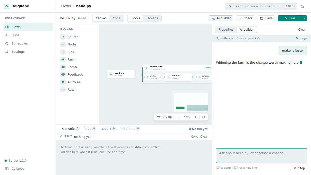 The AI panel: the builder answering with the flow it wrote