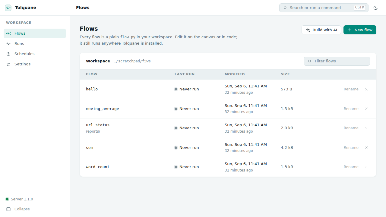 The Flows page: every flow in the workspace with its last run