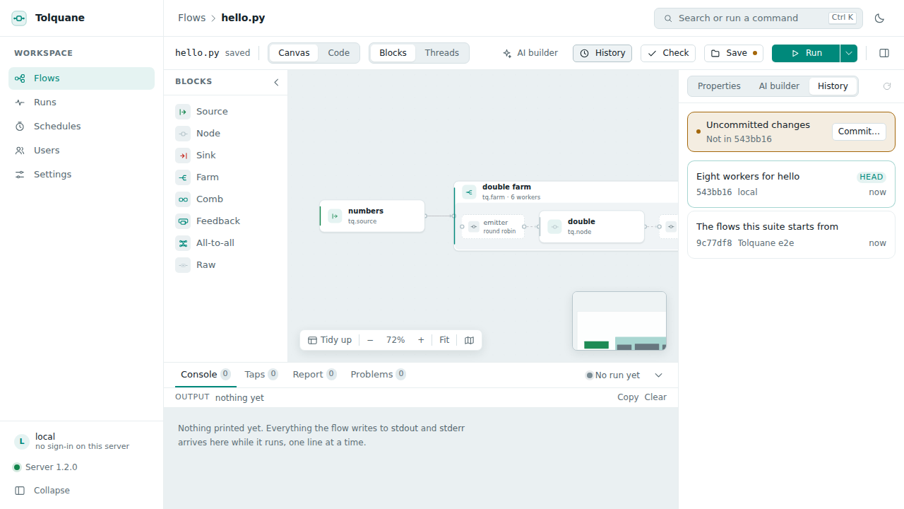 The History tab: the versions of this flow, uncommitted changes on top
